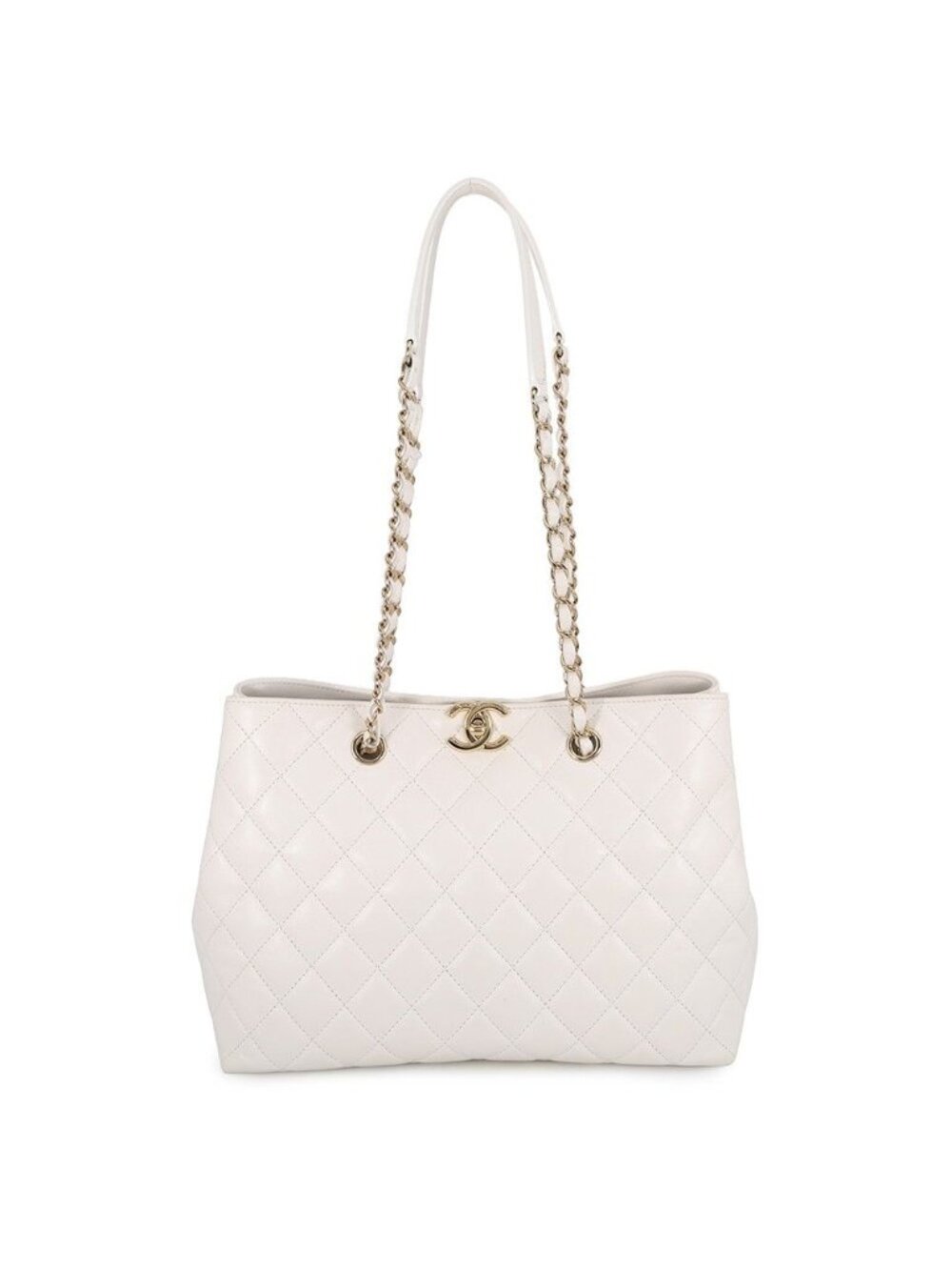 Chanel Chain Tote Bag Quilted CC Logo Shopping Caviar Leather White